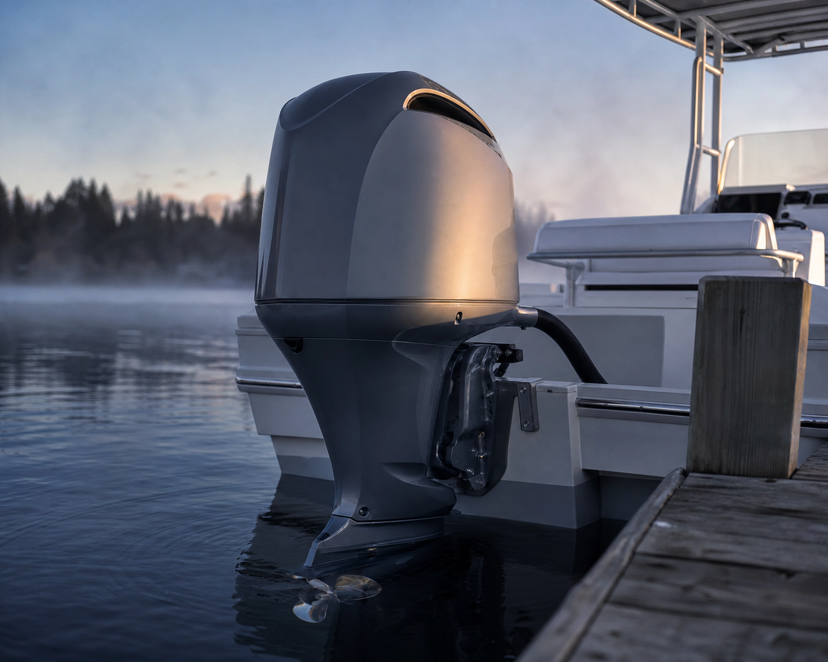 Outboard motor on the transom of a center-console boat at a dock at sunrise